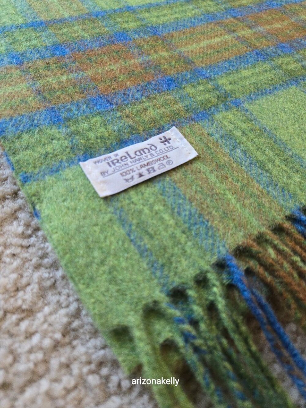 NWOT Lambswool Scarf John Hanly Ireland Plaid Wool Green Blue Brown - Picture 9 of 10